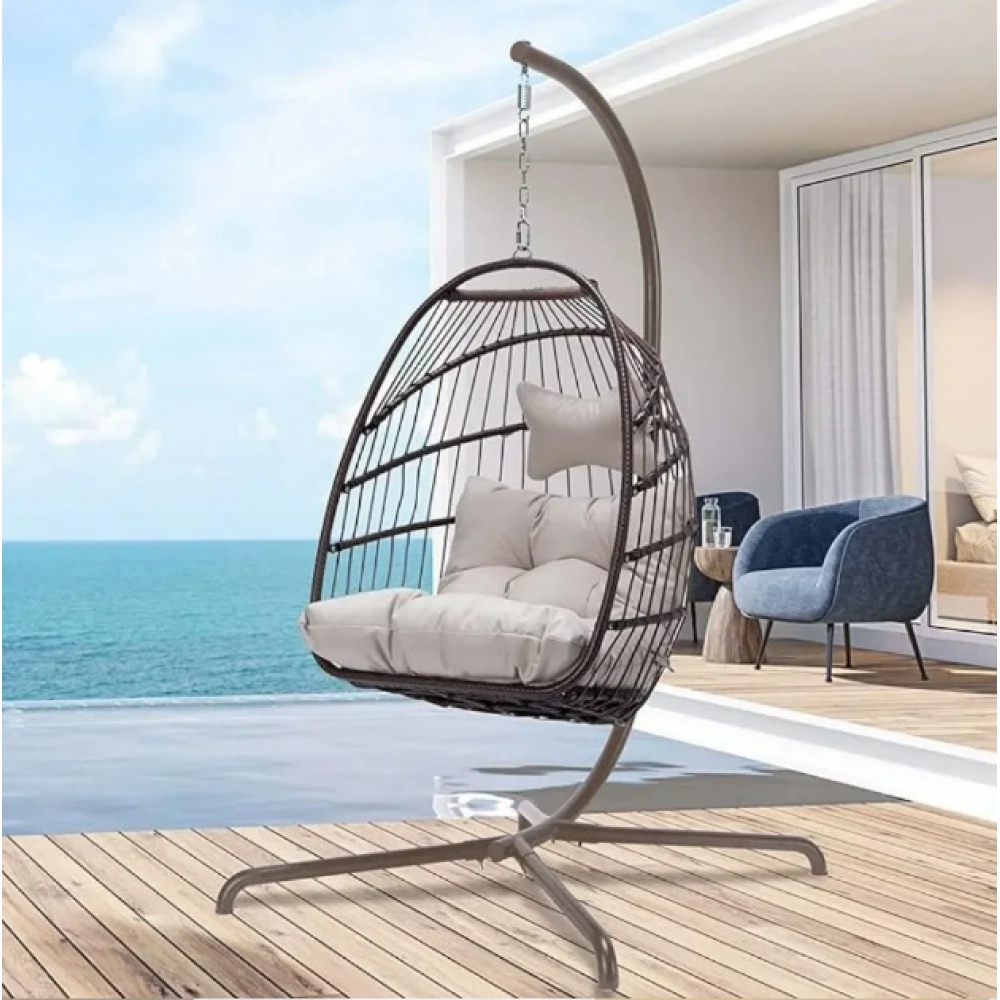 Swing Egg Chair with UV Resistant Cushions 350lbs Capacity, Stand Indoor Outdoor Wicker Rattan Patio Basket Hanging Chair