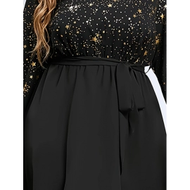 Plus Size V-Neck Long Sleeve Dress Splicing Design Loose Comfortable Elegant Fashion Spring New Banquet Party Starlight Dress