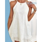 Plus Size Eyelet Solid Tie Back Cami Dress, Casual Sleeveless Dress For Spring & Summer, Women's Plus Size Clothing